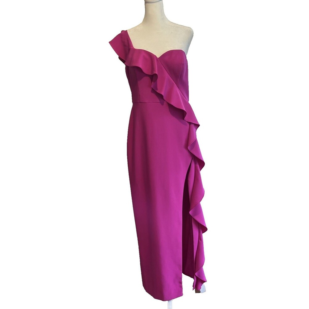 Aidan Mattox 10 one shoulder ruffle front gown dress formal slit stretch fuschia
